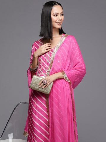 Varanga Women Pink Lehariya Embroidered Straight Kurta With Bottom And Dupatta